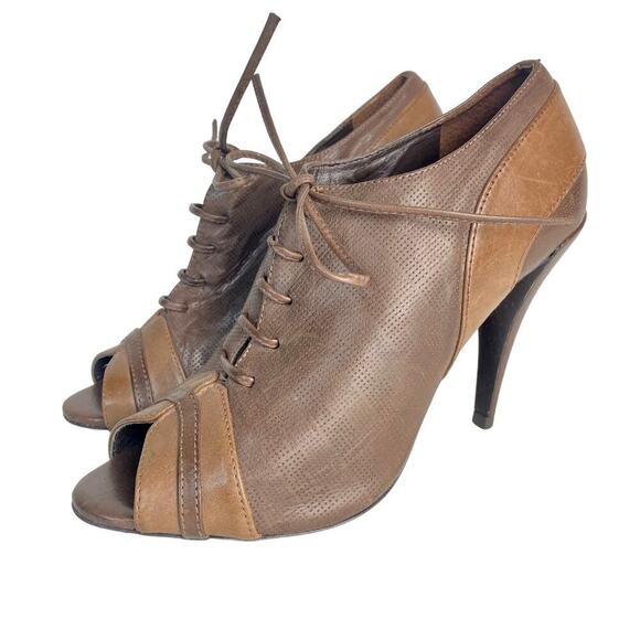 Schutz Heels Leather Shoes Peep Toe Pumps Lace Up Brown 37 6 B - Picture 1 of 10